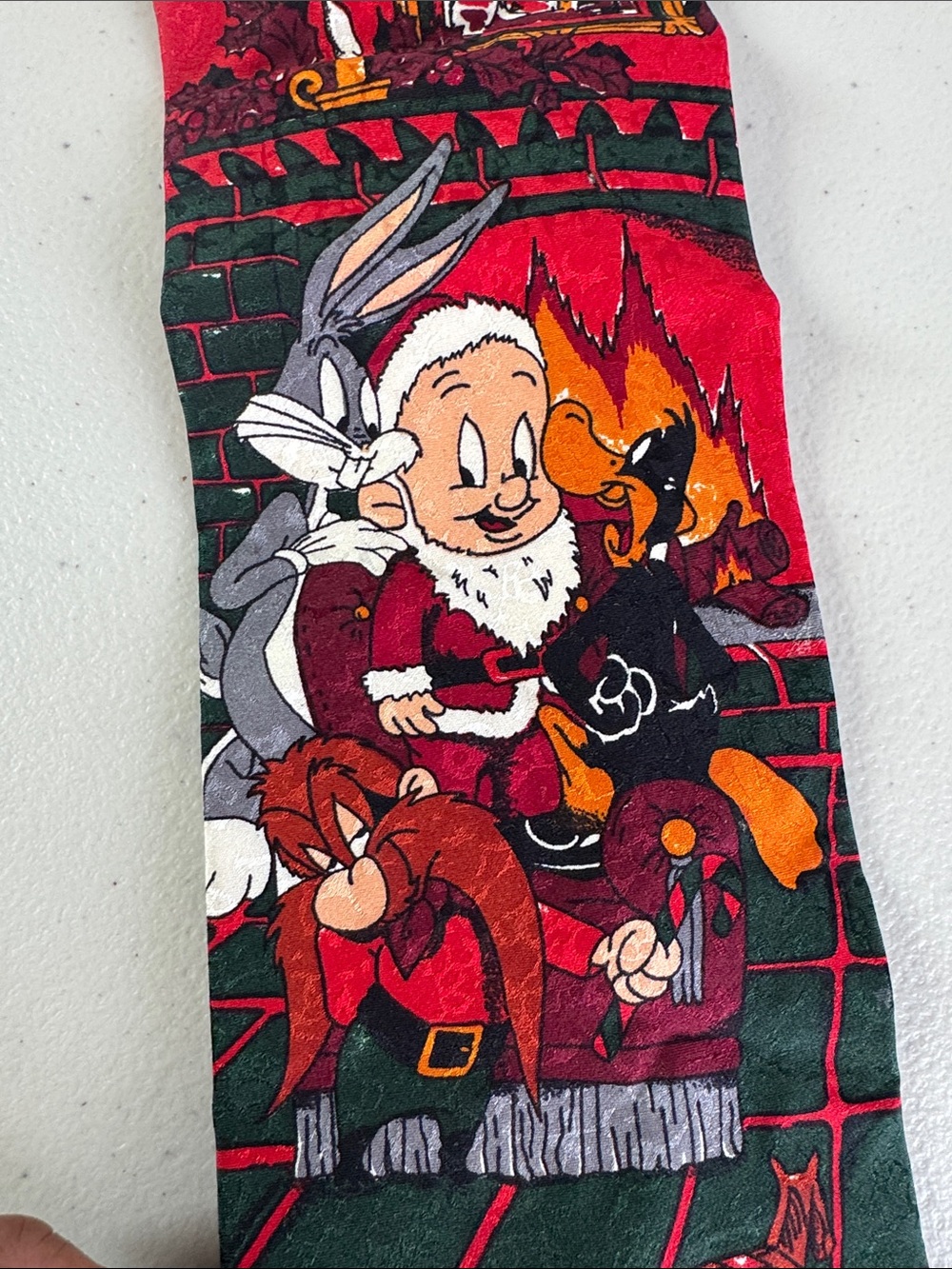 Vintage Looney Tunes Elmer Fudd Santa Bugs Bunny Print Silk Tie 90s Y2K Holiday - Picture 9 of 15